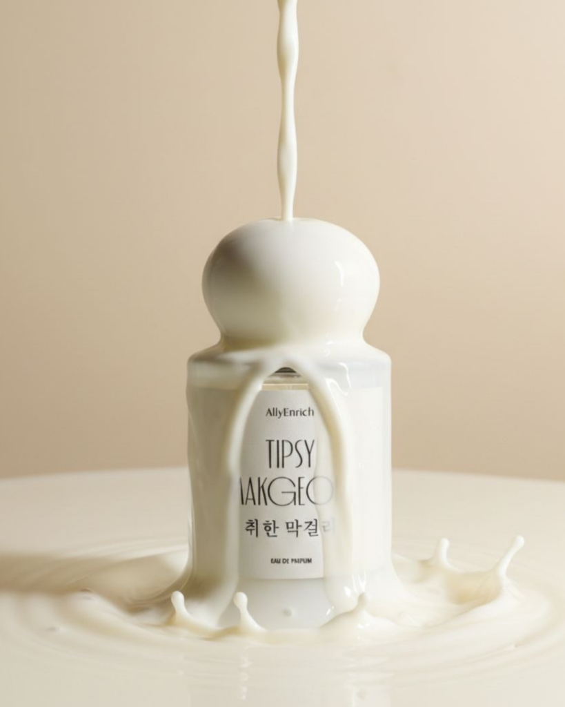 Tipsy Makgeolli bottle under a pour of milk