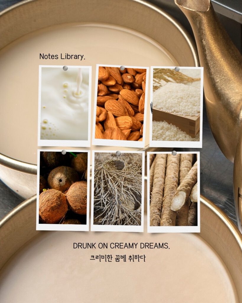 Tipsy Makgeolli notes library with milk, almonds, rice, coconut and roots